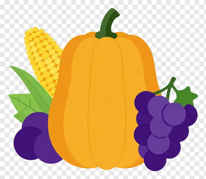 A harvest arrangement with squash, corn, and grapes.
