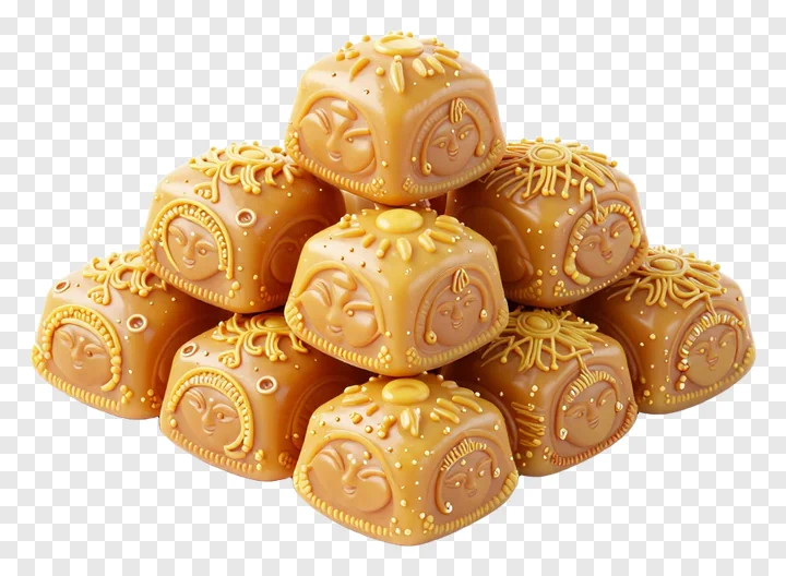 A stack of golden Durga Puja sweets with sun motifs and smiling faces.