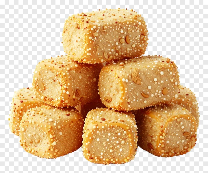 Stack of golden gujiya sweets coated with sesame seeds.
