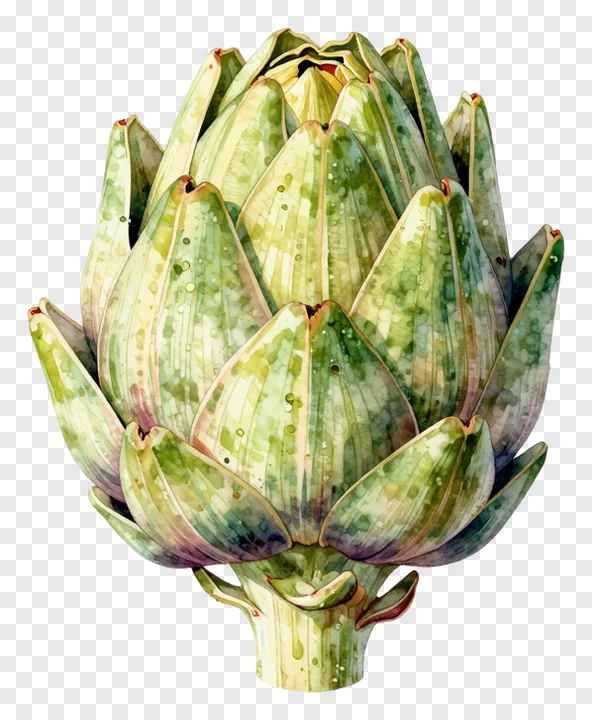 A steamed artichoke heart with green leaves.