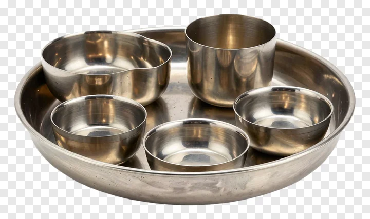 Steel thali set with five bowls on a circular tray.