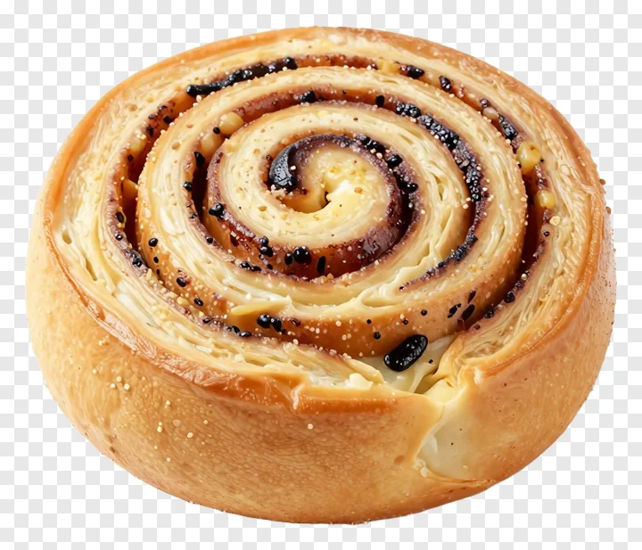 A swirled cinnamon roll with golden crust and dark glaze.