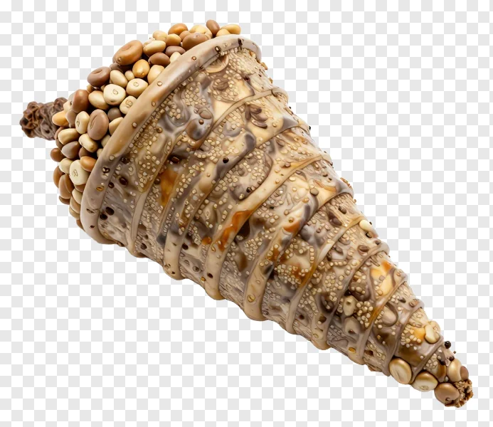 A decorative shell-shaped cornucopia filled with beans and seeds.