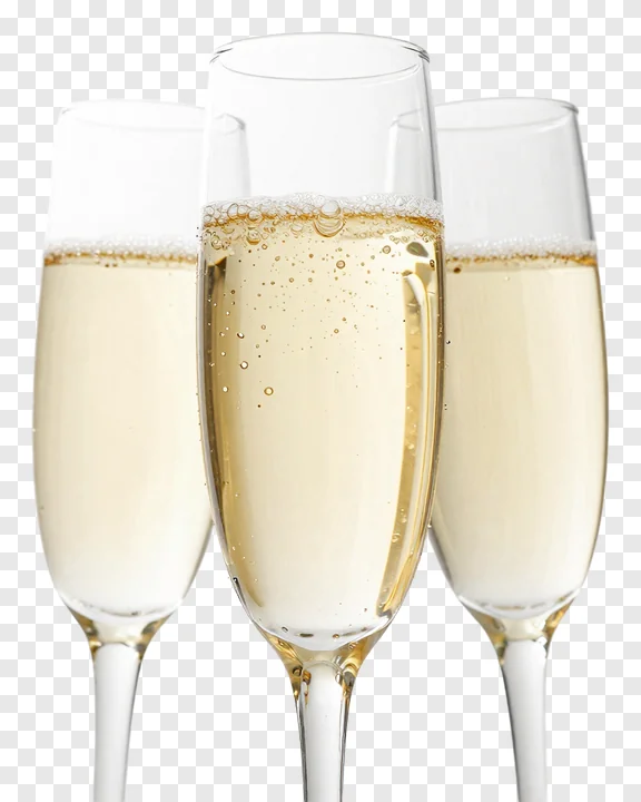 Three champagne glasses toasting with bubbly liquid.
