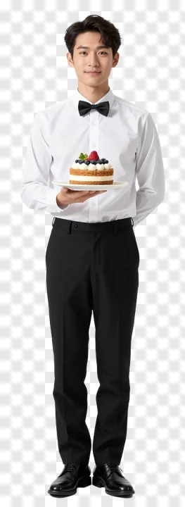 A waiter holding a dessert cake on a plate.