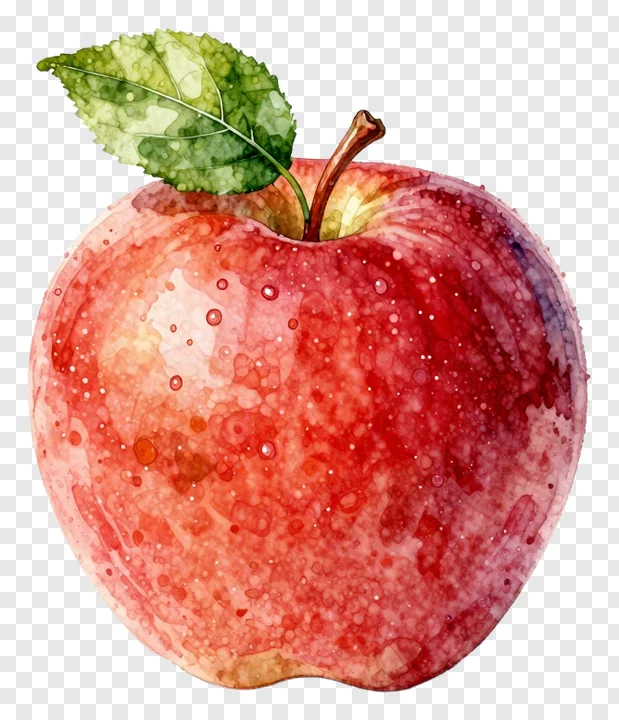 A watercolor-style red apple with a green leaf and dew drops.