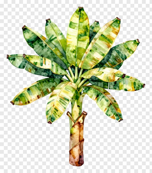 Watercolor painting of a banana tree with colorful leaves.