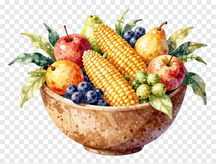 A watercolor illustration of a wooden bowl filled with fruit and corn.
