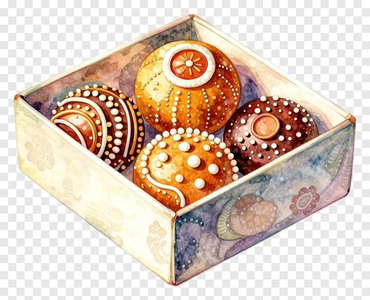 A watercolor-style box containing decorated Indian sweets.