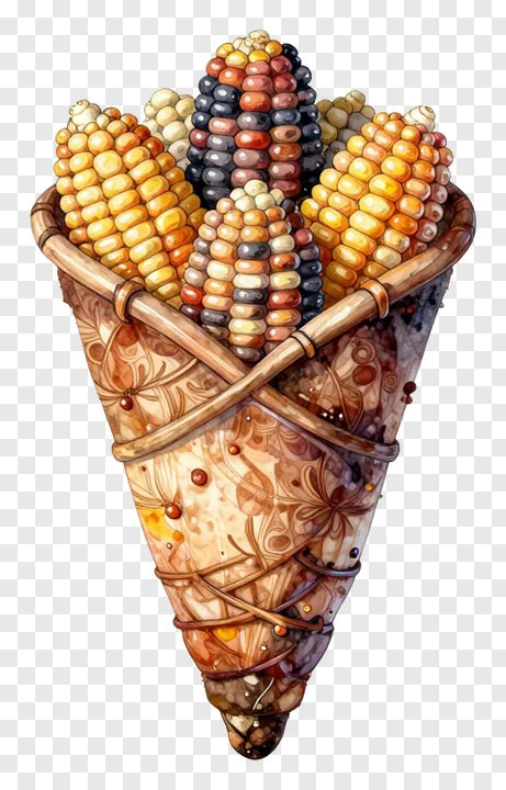 A watercolor cornucopia filled with multi-colored corn cobs.