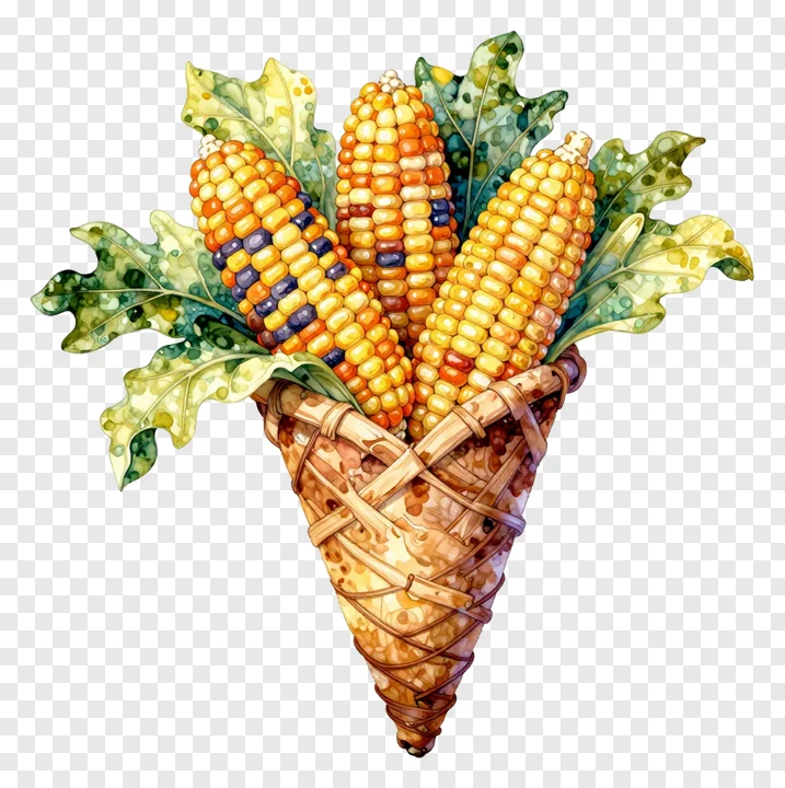 A watercolor illustration of a cornucopia filled with corn and leaves.