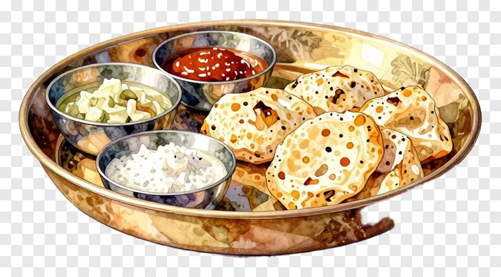 A watercolor-style Durga Puja bhog thali with rice, chutney, and flatbreads.
