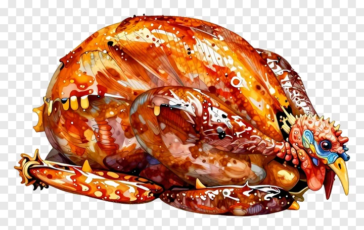 A stylized roast turkey with a glossy finish and blue eye.