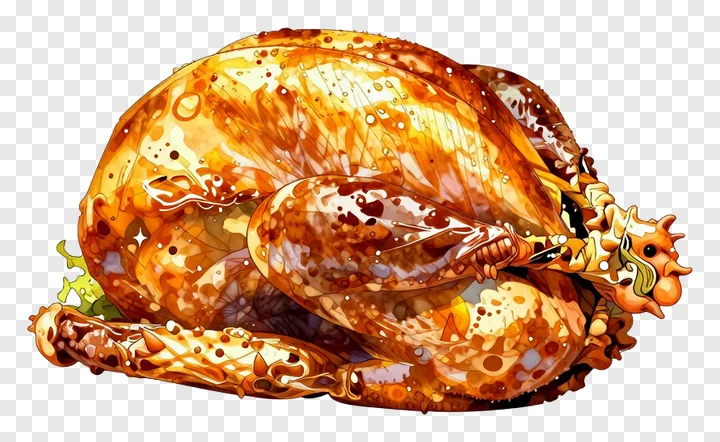 Roasted turkey with shiny golden-brown skin and spiky orange adornments.