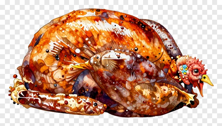 Roasted turkey with shiny, spotted skin.