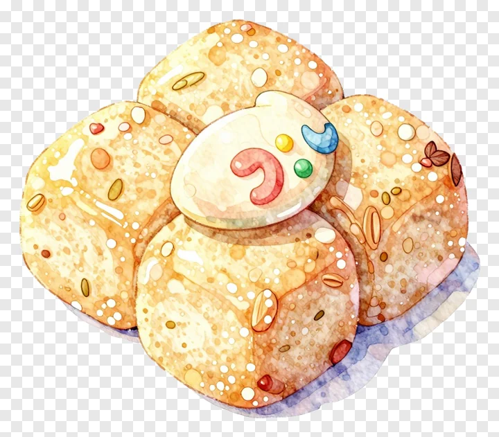 Floral arrangement of decorated gujiya sweets painted in watercolors.