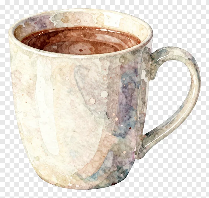 A watercolor-style ceramic mug filled with hot chocolate.