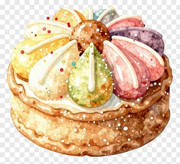 A watercolor illustration of a multicolored kua sweet.