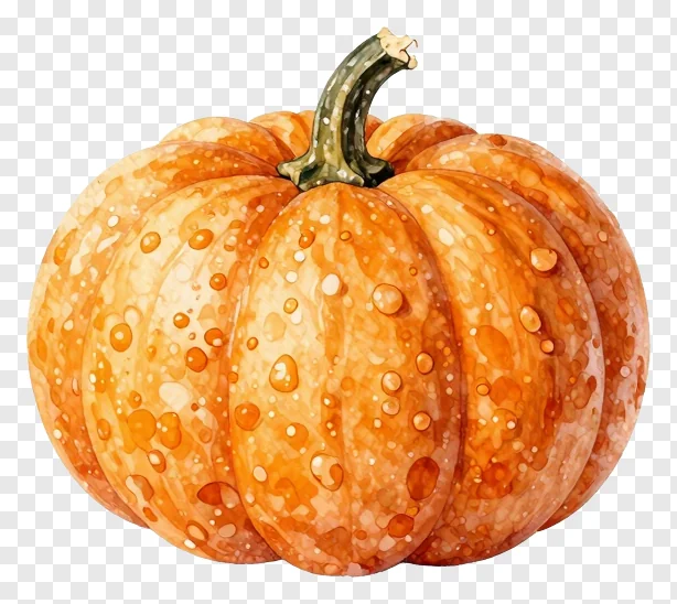 An orange pumpkin with water droplets and a green stem.