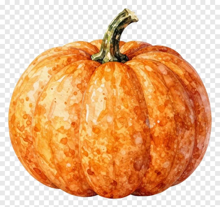 An orange pumpkin painted in watercolor with a green stem.