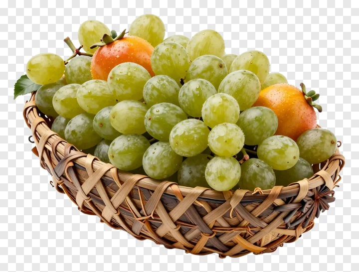 A basket filled with green grapes and persimmons.