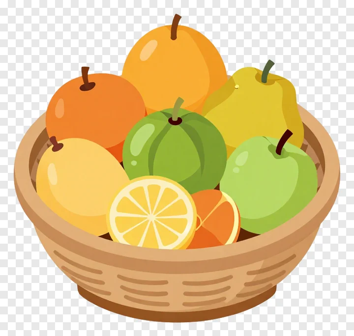 A woven basket filled with various fruits.
