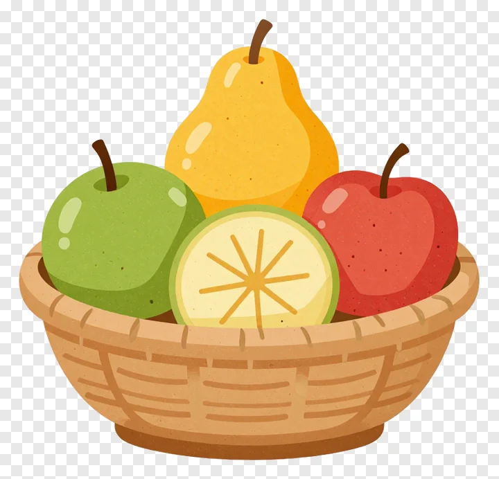 A basket filled with assorted fruits including apples, a pear, and a sliced citrus.