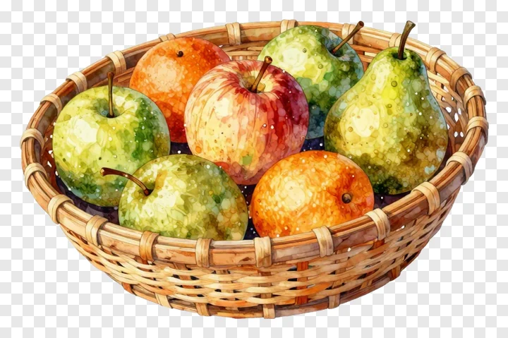 A basket of apples and pears in watercolor style.