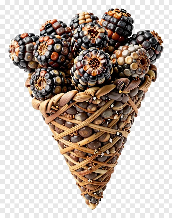 A woven cornucopia filled with colorful corn cobs.