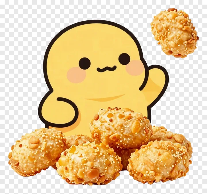 Yellow cartoon character with peanut nuggets
