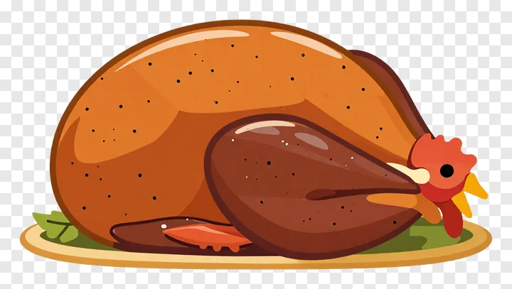 A cartoon roast turkey with red wattle and yellow feet on a plate.