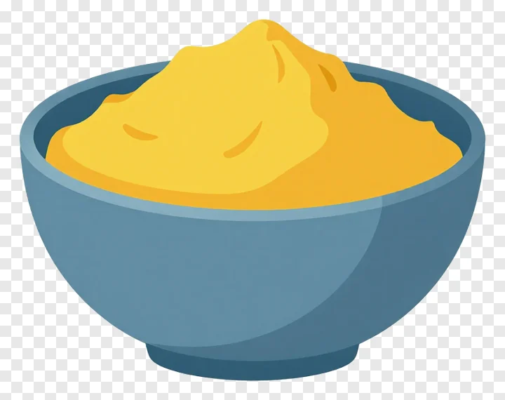 A blue bowl containing yellow gulal powder.