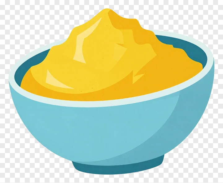 A blue bowl filled with yellow gulal powder.