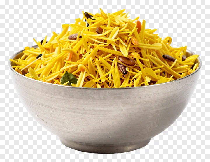A bowl of yellow rice with seeds.