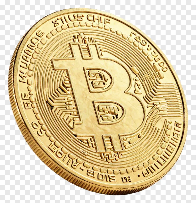 A gold Bitcoin coin with circuitry design.