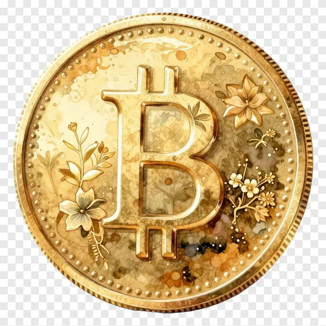 A gold Bitcoin coin decorated with flowers.