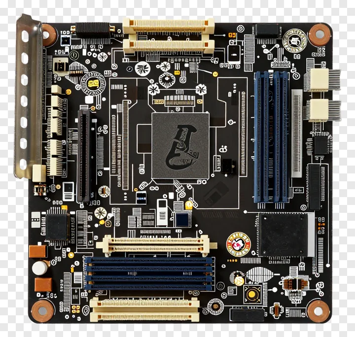 Close-up of a black and white computer motherboard.