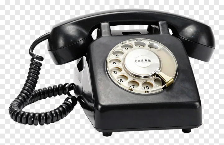 A black rotary telephone with a dial.