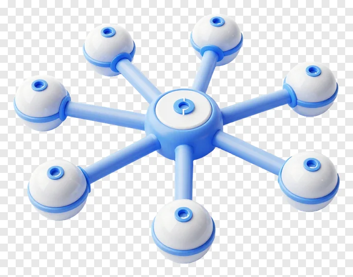 A blue and white 3D network of connected spherical nodes.