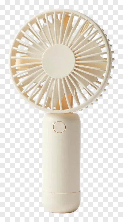 A cream-colored handheld fan with a circular blade guard.