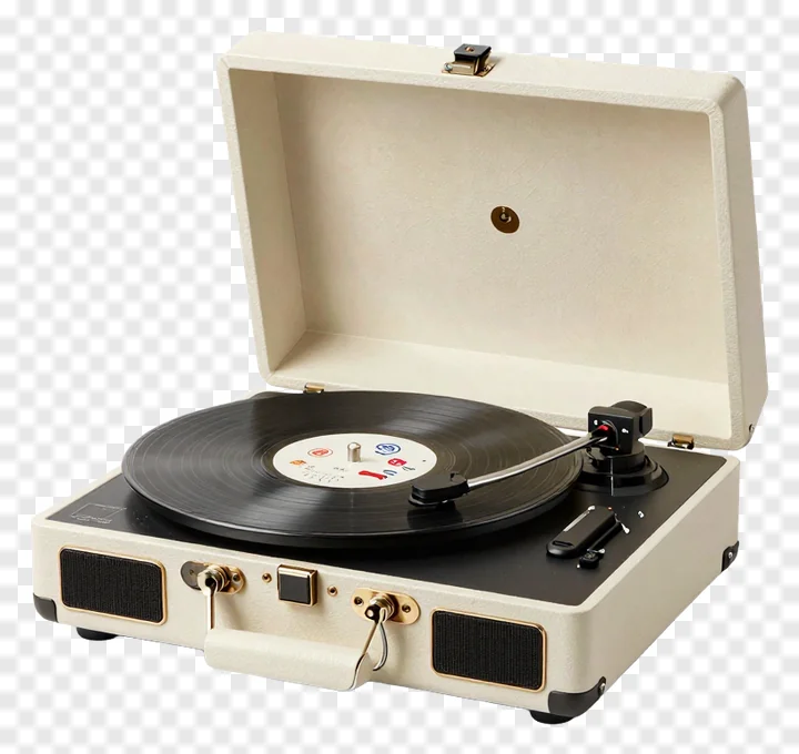 Vintage-style suitcase-shaped record player with vinyl on platter.
