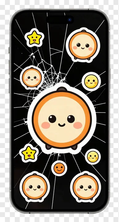 Smartphone showing cute cartoon faces on a cracked screen.