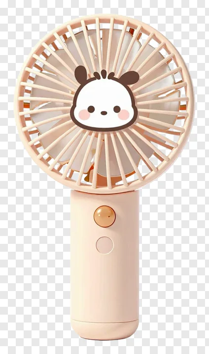 A pink handheld fan with a giraffe face design.