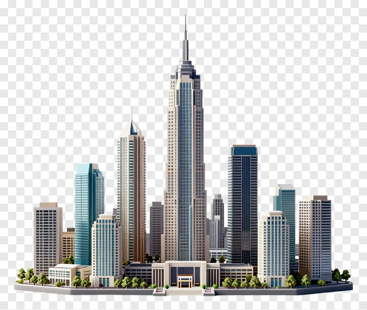 A futuristic cityscape with tall buildings and trees.