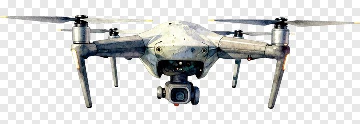 A hovering drone with four rotors and a camera.