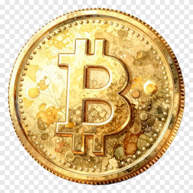 A gold Bitcoin coin with decorative patterns.