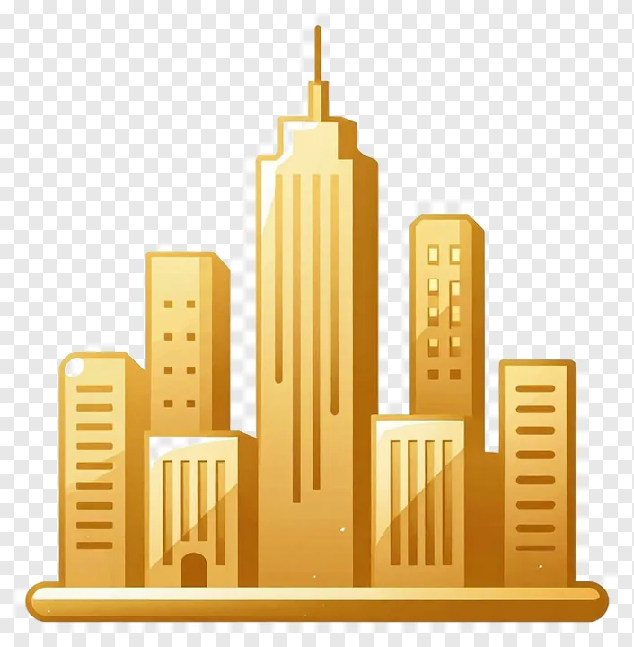 A golden futuristic cityscape with tall buildings.