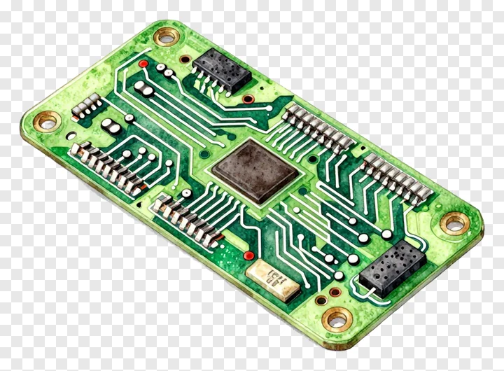 Green circuit board with electronic components.