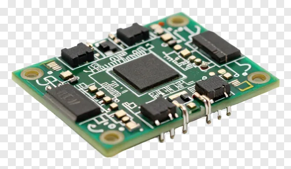 Green circuit board with electronic components.