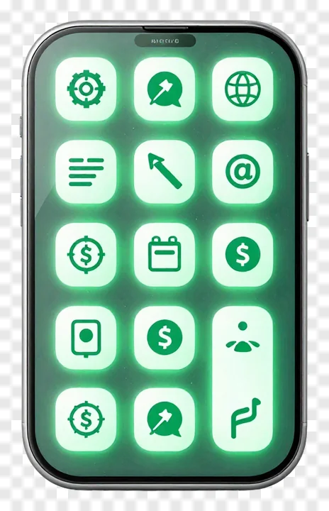 A smartphone with glowing green app icons on its screen.